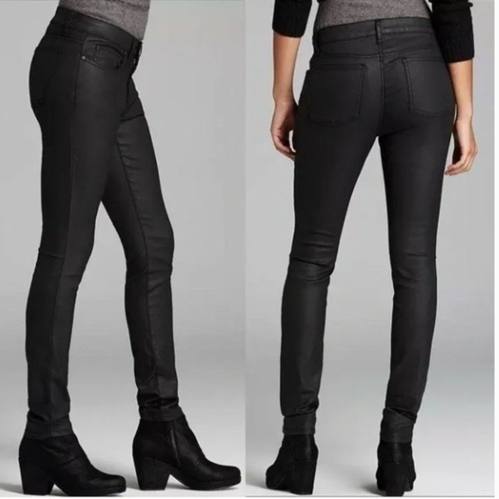 Eileen Fisher Petite Black Coated Denim Slim Jeans Size 6P Leather Look Pants